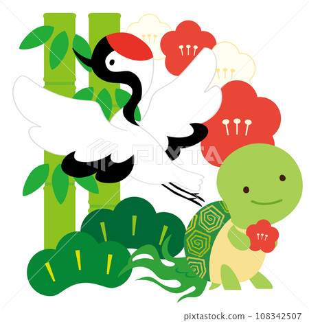 可愛變形鶴、龜、吉祥松竹梅向量圖素材 可愛變形鶴、龜、吉祥松竹梅向量圖素材 108342507