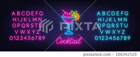 Cocktail neon sign on brick wall background. Pink and blue neon alphabets. Cocktail neon sign on brick wall background. Pink and blue neon alphabets. 108342520