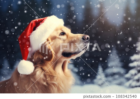 Golden Retriever dog in a Christmas red Santa Claus hat on the street 108342540