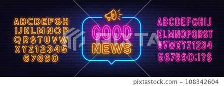 Good News neon sign in the speech bubble on brick wall background. Good News neon sign in the speech bubble on brick wall background. 108342604