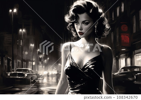 Portrait of a beautiful fashionable woman with a hairstyle, in a city street, at night. Illustration, poster in the style of 1960 Portrait of a beautiful fashionable woman with a hairstyle, in a city street, at night. Illustration, poster in the style of 1960 108342670