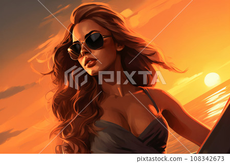 Portrait of a beautiful fashionable woman with a hairstyle and sunglasses, on a yacht, at sunset, blue sky background. Illustration, poster in style of the 1960s Portrait of a beautiful fashionable woman with a hairstyle and sunglasses, on a yacht, at sunset, blue sky background. Illustration, poster in style of the 1960s 108342673