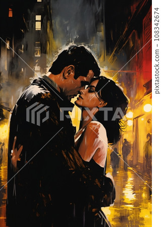 Romantic couple, man and woman, embracing in a city street, at night. Illustration, poster in the style of 1960 Romantic couple, man and woman, embracing in a city street, at night. Illustration, poster in the style of 1960 108342674