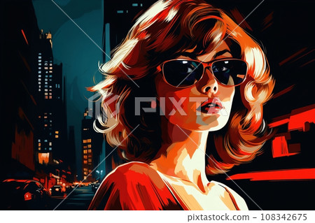 Portrait of a beautiful fashionable woman with a hairstyle, in a city street, at night. Illustration, poster in the style of 1960s 108342675