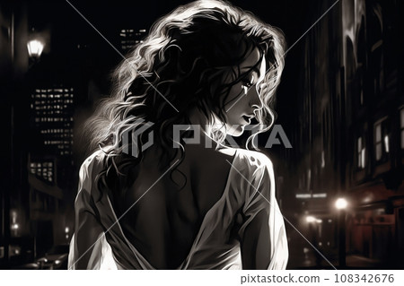 Portrait of a beautiful fashionable woman with a hairstyle, in a city street, at night. Illustration, poster in the style of 1960 Portrait of a beautiful fashionable woman with a hairstyle, in a city street, at night. Illustration, poster in the style of 1960 108342676