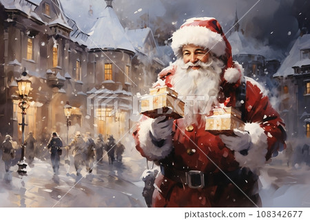 Portrait of Santa, winter, snow covered city street 108342677