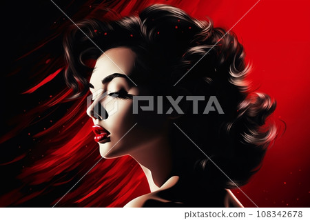 Portrait of a beautiful fashionable woman with a hairstyle. Night. Abstract red and black color background. Illustration poster in the style of 1960 108342678