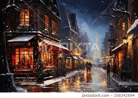 city street on a rainy night, cafes and shops, street lights reflected in the wet pavement, random people, late autumn season city street on a rainy night, cafes and shops, street lights reflected in the wet pavement, random people, late autumn season 108342694