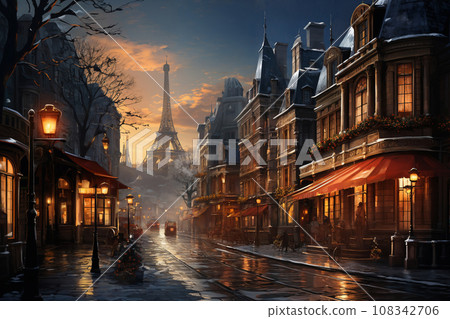city street in a rainy night, eiffel tower, street lights reflected in the wet pavement, random people, late autumn season city street in a rainy night, eiffel tower, street lights reflected in the wet pavement, random people, late autumn season 108342706