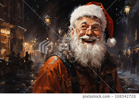 Portrait of Santa, he is cheerful and joyful, winter, snow covered city street 108342728