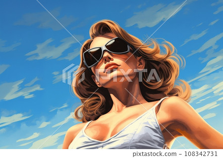 Portrait of a beautiful fashionable woman with a hairstyle and sunglasses, on a blue sky background. Bright day, blue and orange color. Illustration poster in the style of 1960 Portrait of a beautiful fashionable woman with a hairstyle and sunglasses, on a blue sky background. Bright day, blue and orange color. Illustration poster in the style of 1960 108342731