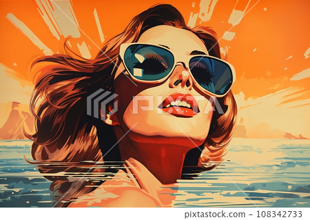 Portrait of a beautiful fashionable woman with a hairstyle and sunglasses, swims in the sea, at sunset, blue sky background. Illustration, poster in style of the 1960s Portrait of a beautiful fashionable woman with a hairstyle and sunglasses, swims in the sea, at sunset, blue sky background. Illustration, poster in style of the 1960s 108342733