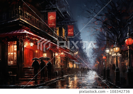 city street on a rainy night, cafes and shops, street lights reflected in the wet pavement, random people, late autumn season 108342736