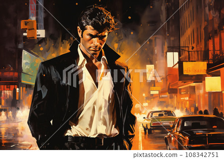 Portrait of a handsome man, in a city street, at night. Illustration poster in the style of 1960 Portrait of a handsome man, in a city street, at night. Illustration poster in the style of 1960 108342751