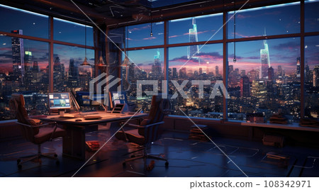 City modern office, large floor to ceiling windows in front of the city night view City modern office, large floor to ceiling windows in front of the city night view 108342971