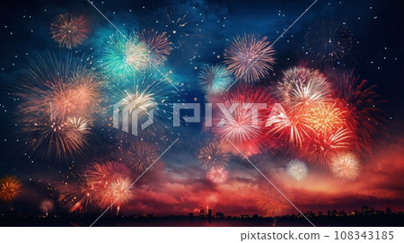 fireworks over night city sky, holiday background, bright colorful lights fireworks over night city sky, holiday background, bright colorful lights 108343185