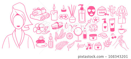 Spa salon accessorises colection in pink colors Spa salon accessorises colection in pink colors 108343201