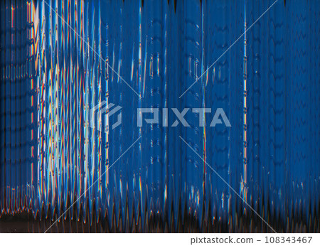 Glitch texture. Digital noise overlay. Frequency error. Blue orange color fuzzy waves artifacts on black illustration abstract copy space background. 108343467