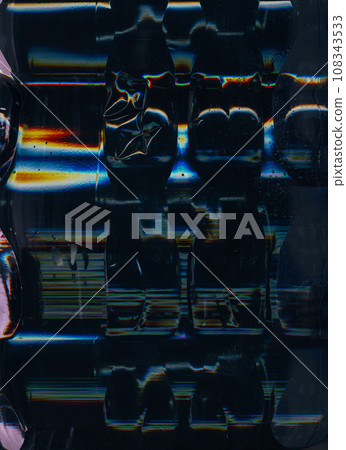 Old film texture. Wet distressed overlay. Glitched screen. Orange blue white light flare water drops dust scratches on dark black illustration abstract background with free space. Old film texture. Wet distressed overlay. Glitched screen. Orange blue white light flare water drops dust scratches on dark black illustration abstract background with free space. 108343533