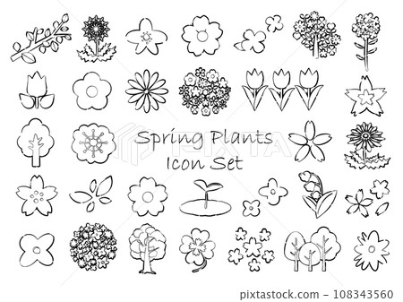 Spring plant icon set line drawing/transparent white background Spring plant icon set line drawing/transparent white background 108343560