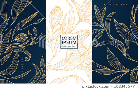 Vector floral line art, set of luxury line pattern, golden background. Hand drawn peonies for perfume, wine, social media post, cover, banner, label 108343577
