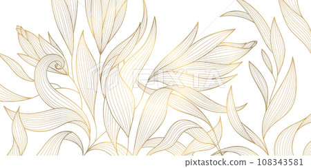 Vector golden leaves botanical modern, art deco wallpaper background. Line design for interior design, textile patterns, textures, posters, package, wrappers, gifts etc. Luxury. Vector golden leaves botanical modern, art deco wallpaper background. Line design for interior design, textile patterns, textures, posters, package, wrappers, gifts etc. Luxury. 108343581
