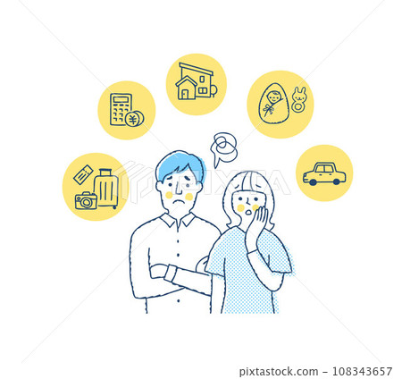 A young couple with a troubled expression and lifestyle item icons 108343657