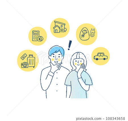 Smiling young couple and lifestyle items icons 108343658