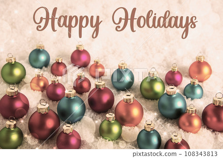 Text Happy Holidays, Christmas Balls In The Snow, Vintage 108343813