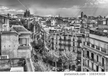 Aerial view over the rooftops of central Barcelona, Catalonia, Spain 108343816