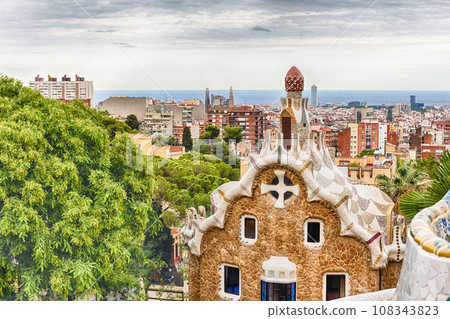 Scenic aerial view from Park Guell in Barcelona, Catalonia, Spain 108343823