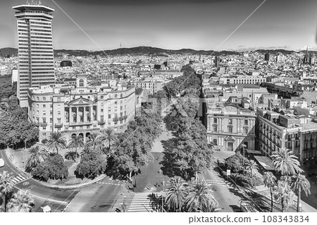 Aerial view of La Rambla pedestrian mall, Barcelona, Catalonia, Spain Aerial view of La Rambla pedestrian mall, Barcelona, Catalonia, Spain 108343834