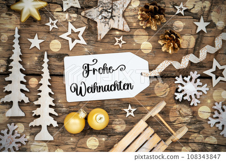 Text Frohe Weihnachten, Means Merry Christmas, Rustic Wooden, Golden Christmas Text Frohe Weihnachten, Means Merry Christmas, Rustic Wooden, Golden Christmas 108343847