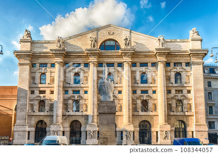 Facade of Palazzo Mezzanotte, stock exchange building in Milan, Italy 108344057
