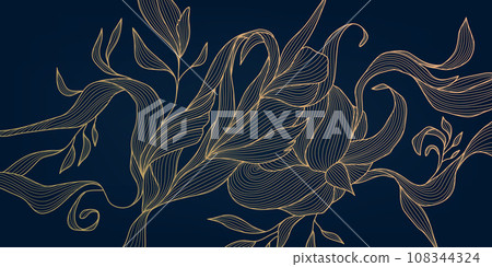 Vector art deco luxury floral line pattern, golden leaves background. Hand drawn wavy nature illustration for packaging, cover, banner, creative post and wall arts. Japanese style. 108344324