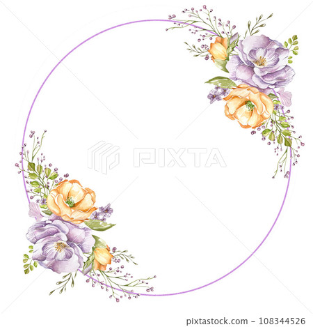 lilac delicate roses, light orange poppies, decorative twigs and leaves. bouquet watercolor illustration on a white background. in the style of a sketch. 108344526