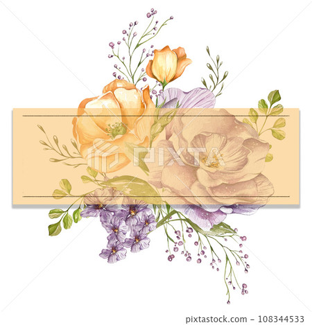 lilac delicate roses, light orange poppies, decorative twigs and leaves. bouquet watercolor illustration on a white background. in the style of a sketch. 108344533