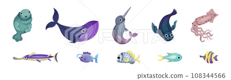Cute Sea Animals and Underwater Creature with Seal, Narwhale and Whale Vector Set Cute Sea Animals and Underwater Creature with Seal, Narwhale and Whale Vector Set 108344566