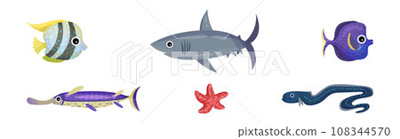 Cute Sea Animals and Underwater Creature with Shark, Starfish, Fish and Eel Vector Set 108344570