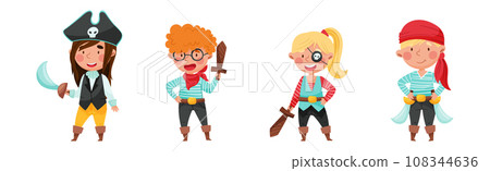Cheerful Boy and Girl in Pirate Costume with Sword or Saber Vector Set Cheerful Boy and Girl in Pirate Costume with Sword or Saber Vector Set 108344636