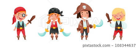 Cheerful Boy and Girl in Pirate Costume with Sword or Saber Vector Set 108344637