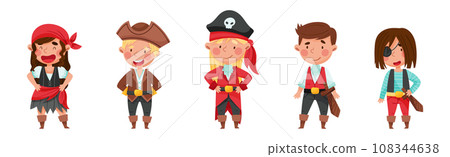 Cheerful Boy and Girl in Pirate Costume with Sword or Saber Vector Set Cheerful Boy and Girl in Pirate Costume with Sword or Saber Vector Set 108344638