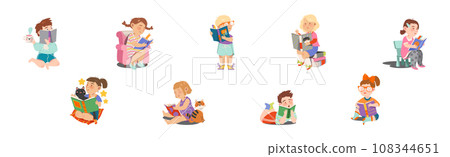 Reading Children with Interesting Book Enjoy Recreation Vector Set 108344651