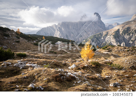 Mountain hut in alpine valley surrounded by golden larches, Dolomites, Italy Mountain hut in alpine valley surrounded by golden larches, Dolomites, Italy 108345073