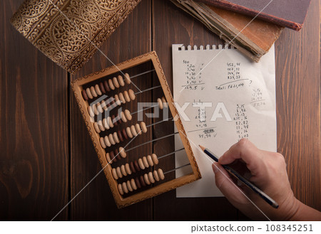 Vintage tone of women's hands doing accounting with old accounts . financial concept. 108345251