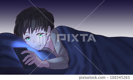 Illustration of a person laughing while looking at a smartphone before sleeping on a futon at night Illustration of a person laughing while looking at a smartphone before sleeping on a futon at night 108345263