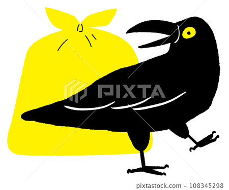 Illustration of a yellow paid garbage bag and a walking crow Danger Caution Scary Black Crow Bird 108345298