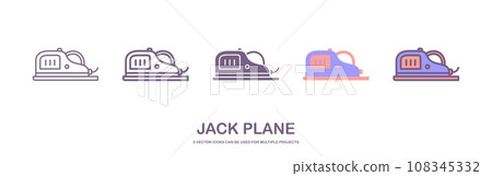 Planed wood board a plane. Repair tool. Joinery or carpentry instruments. jack plane. Woodworking process vector illustration. Handmade with jackplane isolated on white. 108345332
