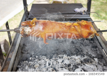 Close up photo of a roasted guinea pig on a grill, selective focus, Ecuador. Close up photo of a roasted guinea pig on a grill, selective focus, Ecuador. 108345549
