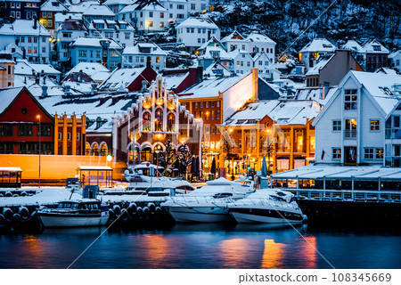 Yachts moored in harbour of Bergan, Norway 108345669